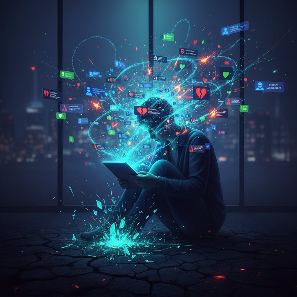 Samotna sylwetka otoczona cyfrowymi powiadomieniami symbolizującymi izolację po cyberzdradzie