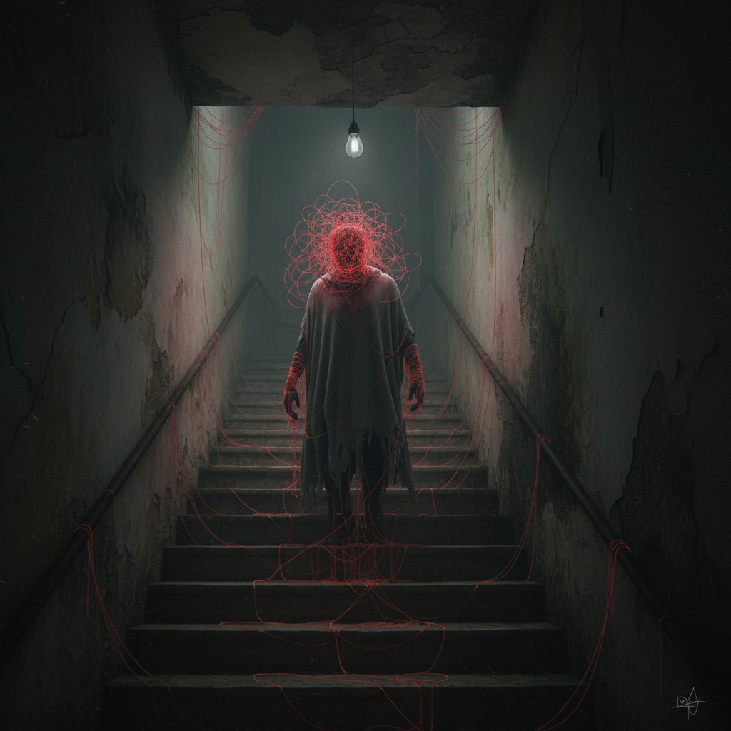 Osoba siedząca samotnie na ciemnej klatce schodowej, ręce zaciśnięte, wokół niej czerwone nici symbolizujące natrętne myśli