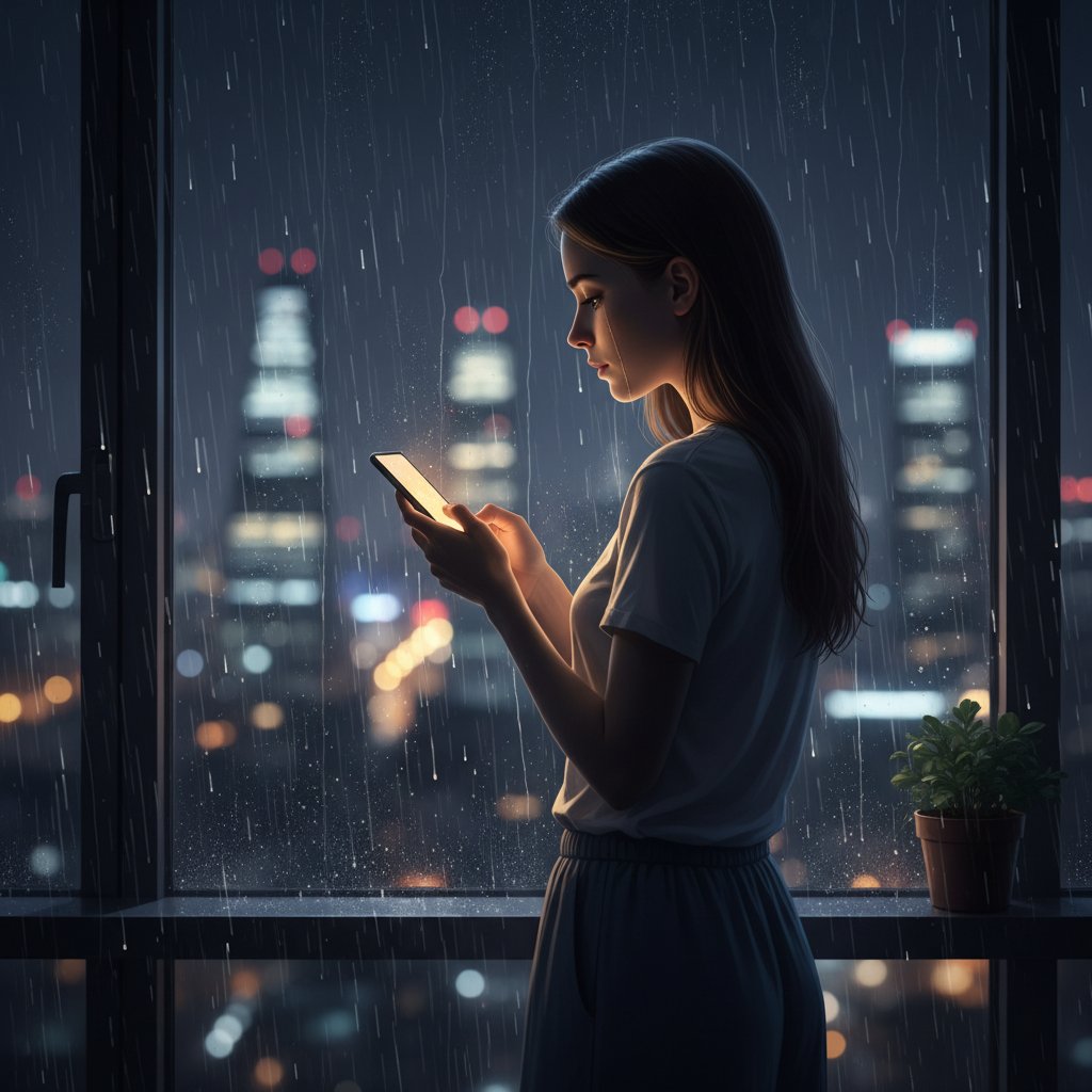 Samotna osoba nocą z telefonem w ręku, symbolizująca realistyczne wsparcie emocjonalne