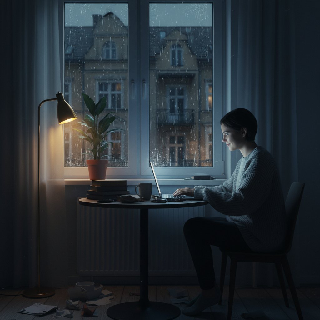 Samotna osoba przy komputerze w polskim mieszkaniu nocą, słowa kluczowe: czat po polsku, rozmowy internetowe