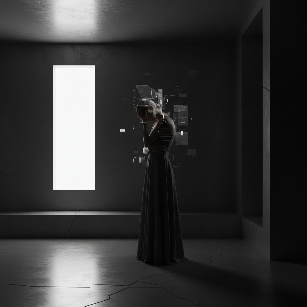 Osoba zamyślona siedząca w pustym, nowoczesnym pokoju, na ścianach widoczne cienie słów jak „lęk”, „ból”, „autoagresja”, dramatyczne światło