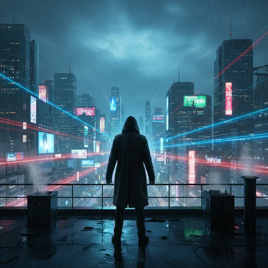 Samotna postać w neonowym mieście, oddająca napięcie i hipopobudzenie w mieście - zdjęcie nocne, klimat miejskiego napięcia