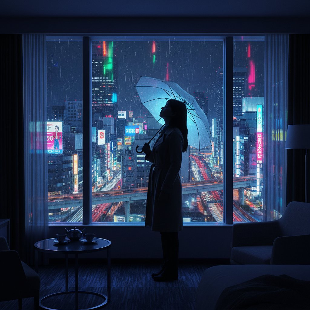Solitary figure in neon-lit Tokyo hotel room at night, echoing the movie lost in translation cinema theme