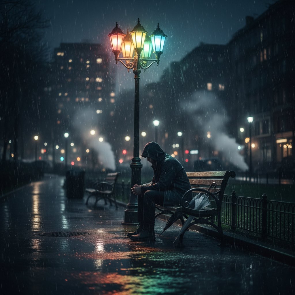 Samotna postać na ławce pod tęczową latarnią w deszczowy wieczór, symbolizująca samotność i nadzieję
