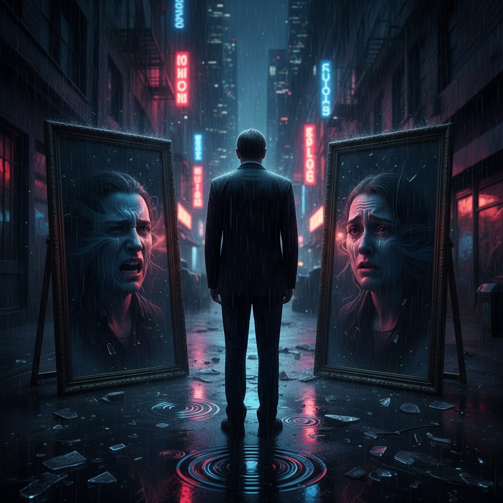 Osoba patrząca w dwa lustra, zniekształcone odbicia, nocne miasto, konflikt wewnętrzny