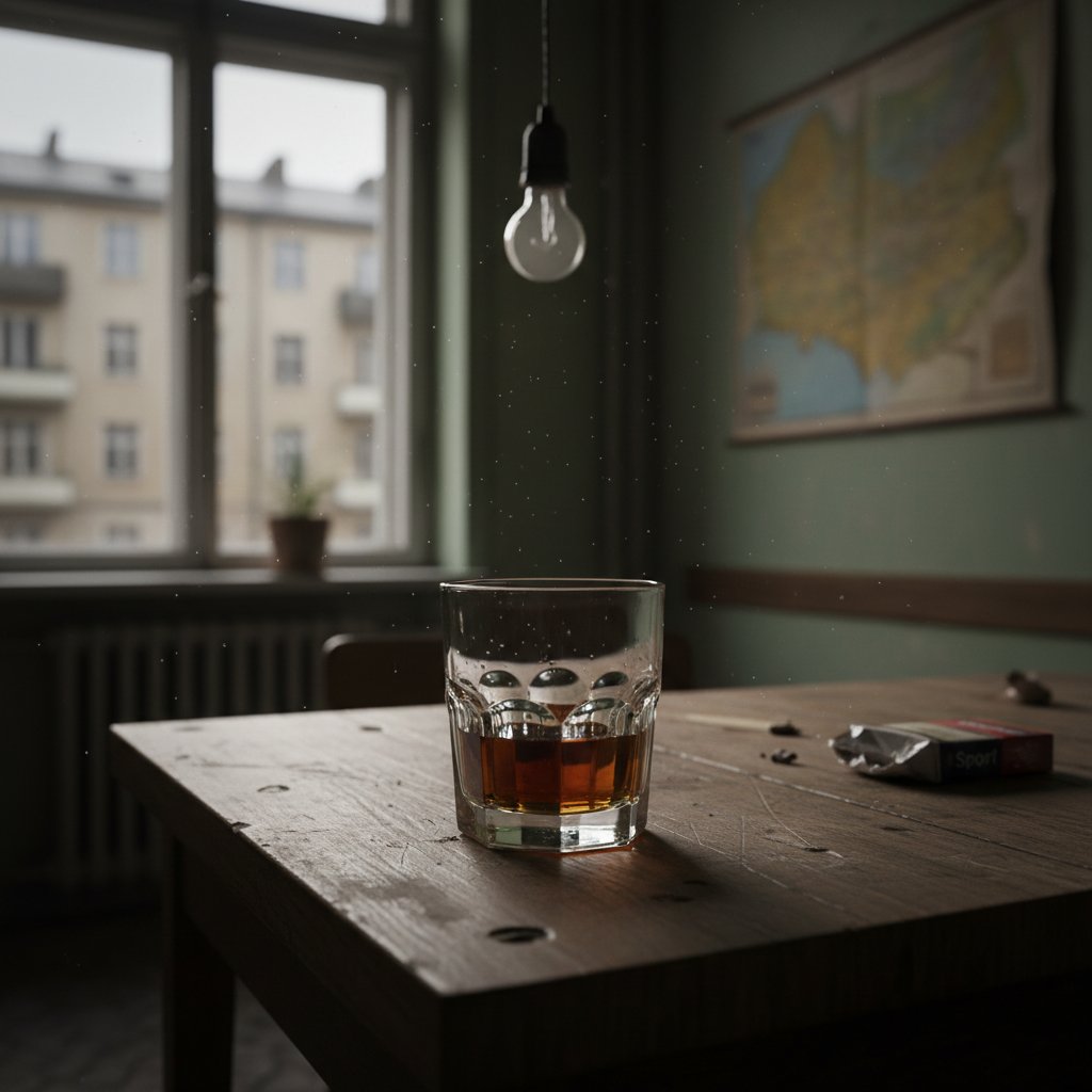 Szklanka z resztkami alkoholu na zniszczonym stole w polskim mieszkaniu, dramatyczne światło, uzależnienie od alkoholu w Polsce