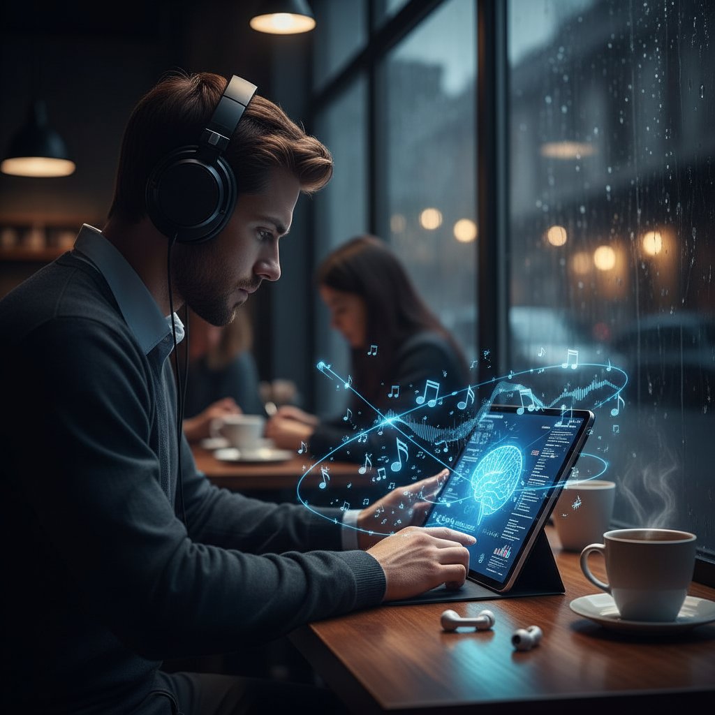 Osoba ucząca się tonacji samodzielnie, słuchawki, notatki i tablet