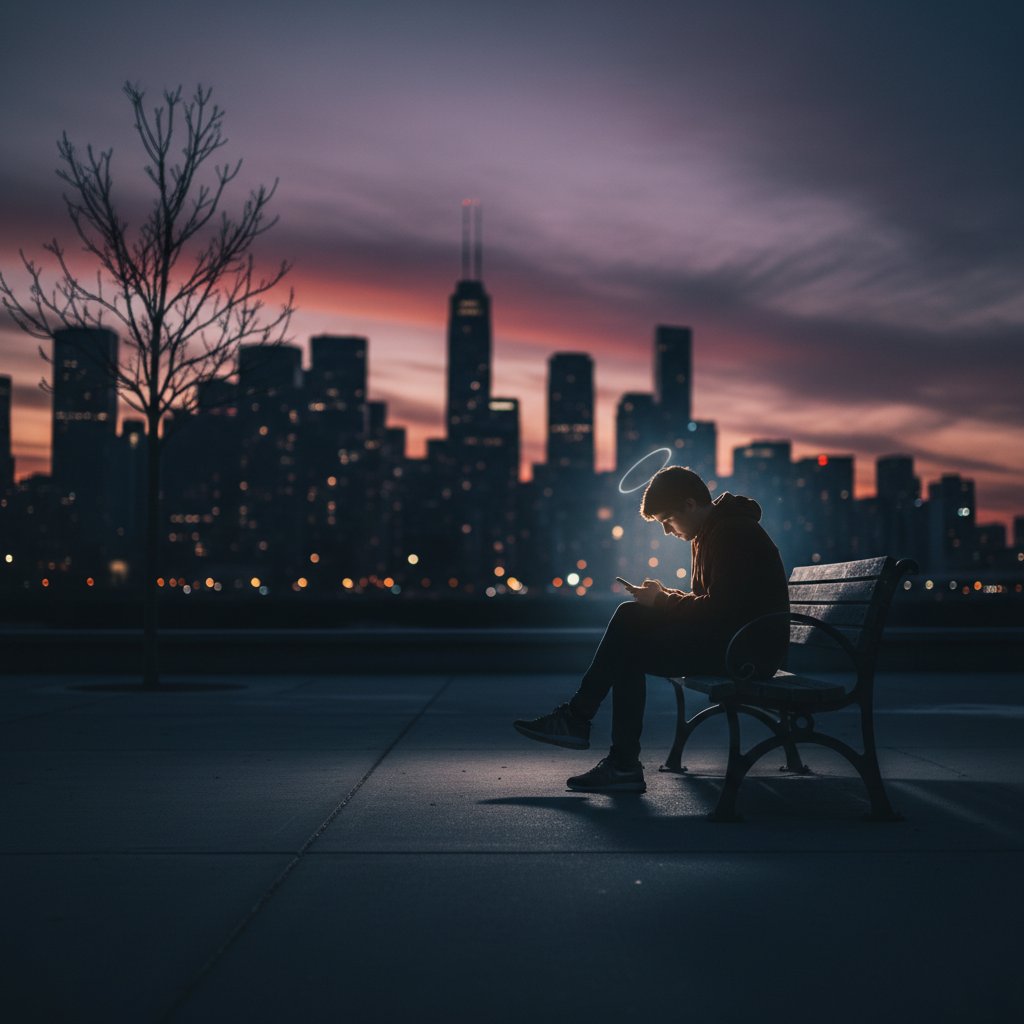 Osoba siedząca samotnie na ławce o zmierzchu, telefon w dłoni, miasto w tle