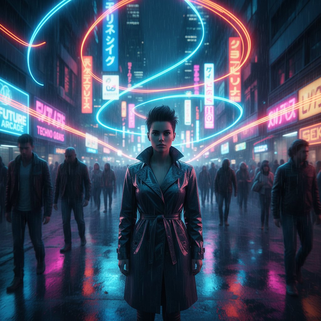 Człowiek stojący samotnie na tle rozmytego, miejskiego tłumu w neonowym świetle, symbolizujący indywidualne zaangażowanie w chaosie społecznym