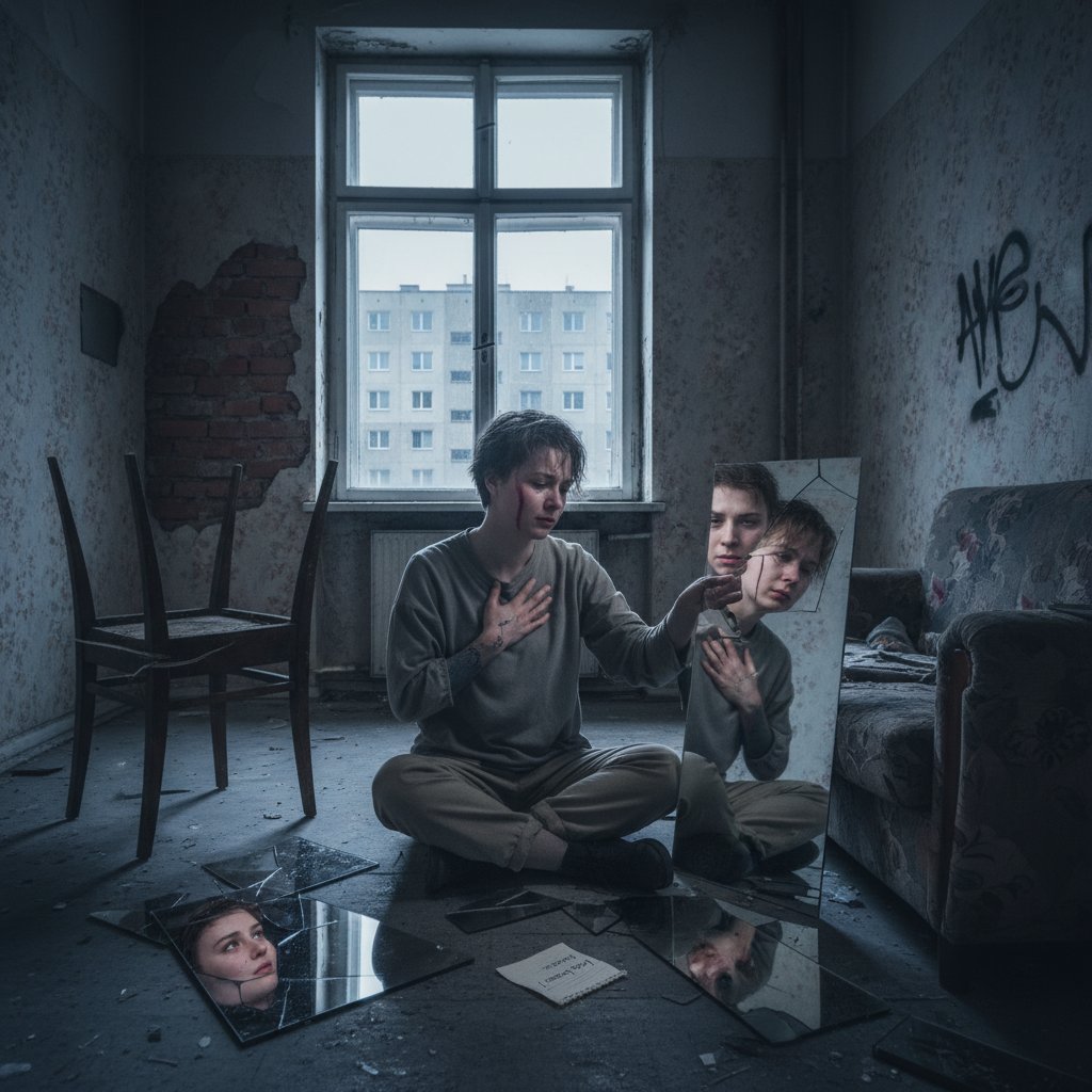 Osoba transpłciowa patrząca w lustro w polskim mieszkaniu, symbolizująca walkę z tożsamością płciową