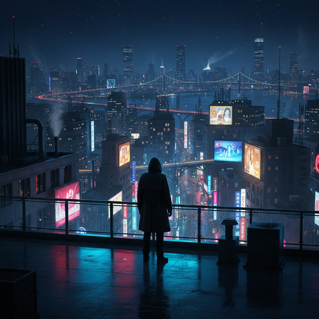 Osoba stojąca samotnie na dachu w mieście, noc, światła metropolii, poczucie izolacji