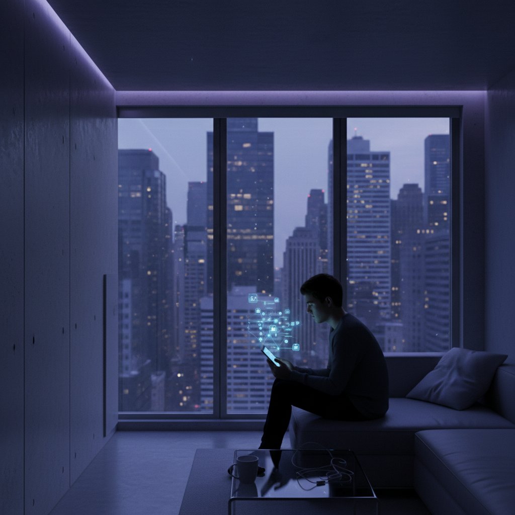 Alleinstehende Person in einer modernen Wohnung, nur vom Licht eines Laptops erleuchtet, Symbol für digitale Einsamkeit