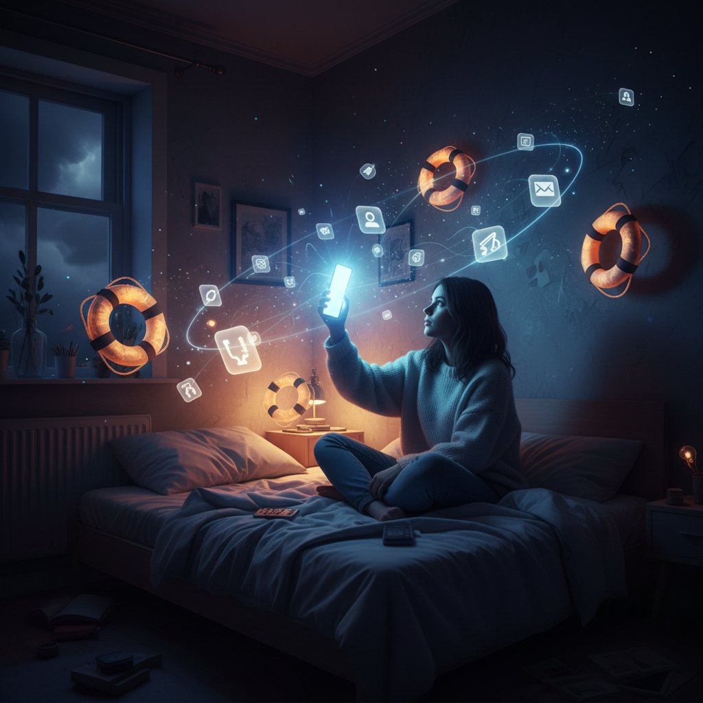 Nachdenkliche Person mit Smartphone in dunklem Raum, App-Icons als Rettungsringe – digitale Hilfe bei psychischer Erschöpfung