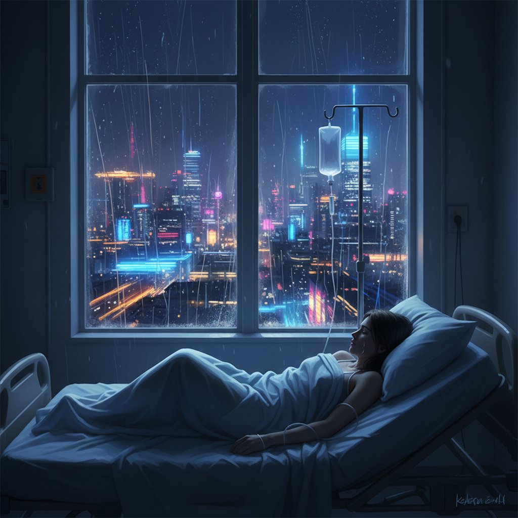 Osoba siedząca samotnie na łóżku szpitalnym w nocy, neonowe światła miasta za oknem, klimat surowy i emocjonalny, słowa kluczowe: stres, choroba, szpital
