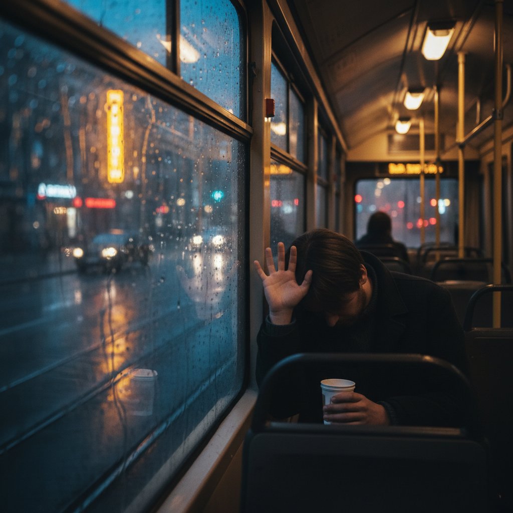 Osoba siedząca samotnie w nocnym tramwaju, deszcz za oknem – symbol lęku przed samotnością w mieście