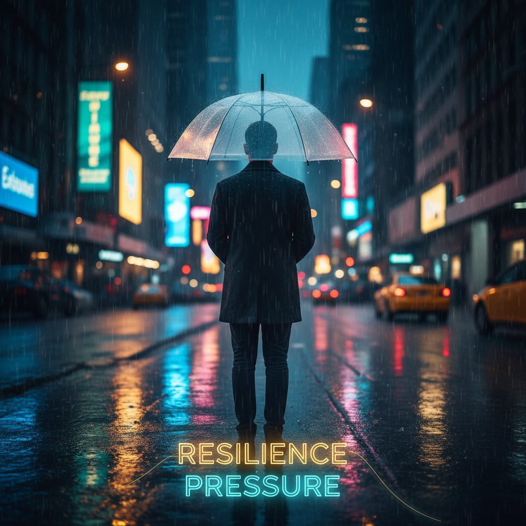 Osoba stojąca samotnie w deszczowej, miejskiej ulicy nocą, symbolizująca odporność na krytykę