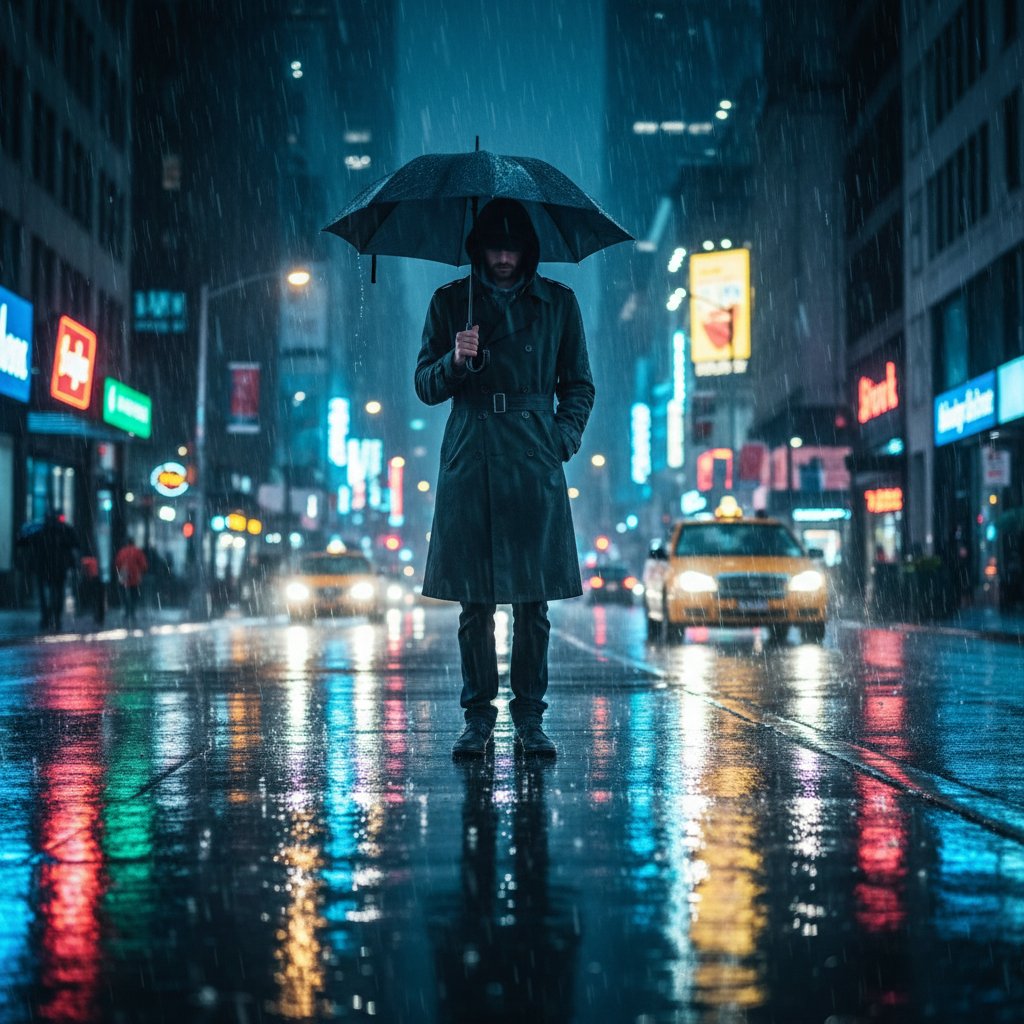 Mroczne zdjęcie osoby samotnie stojącej w deszczu na tle miejskich neonów