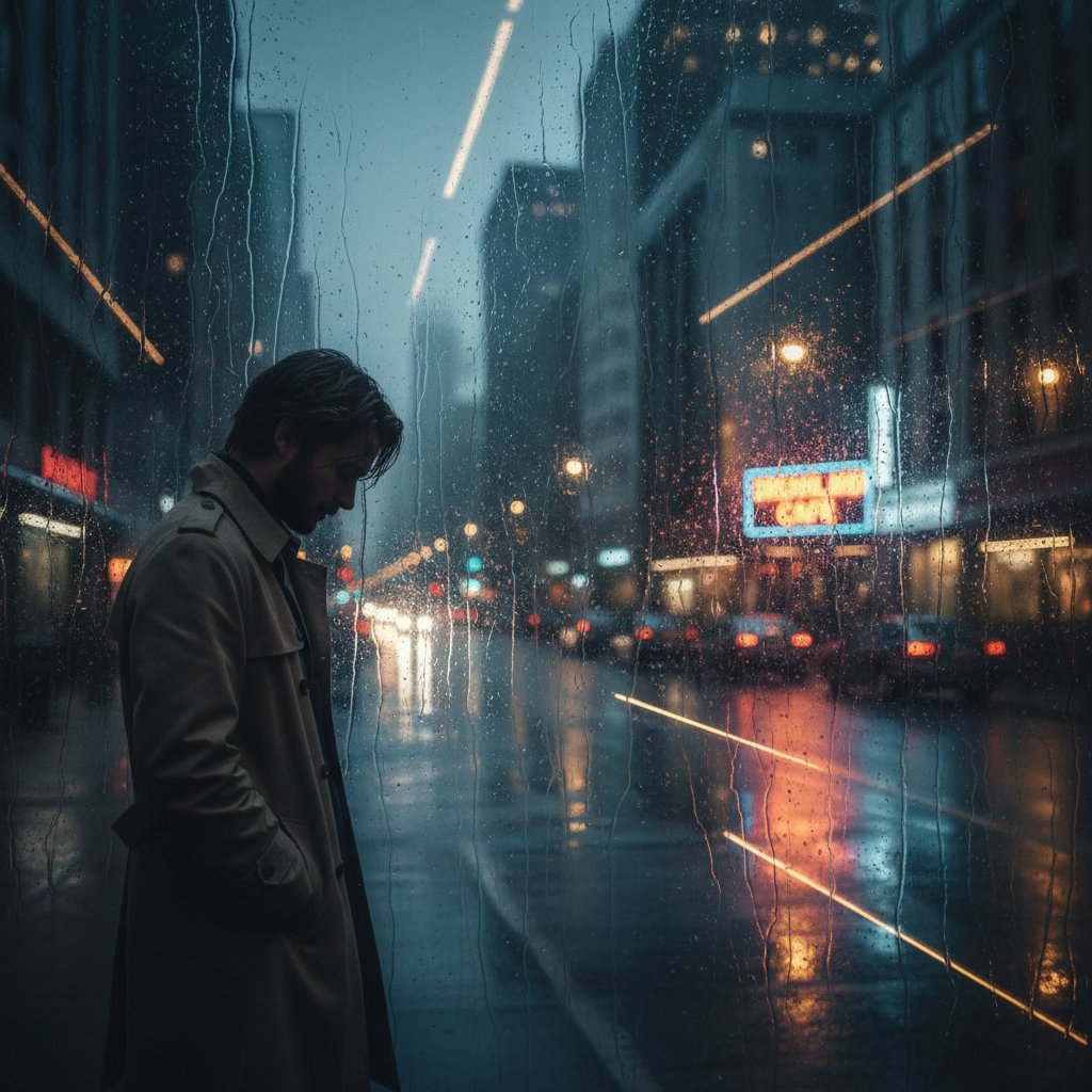Solitary person watching a late-night reflection movie with city lights outside, introspective mood