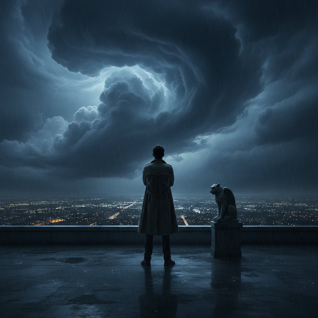 Nocna panorama miasta z samotną osobą na dachu – symbolizująca walkę z emocjami i miejską samotność, słowo kluczowe umiejętności DBT