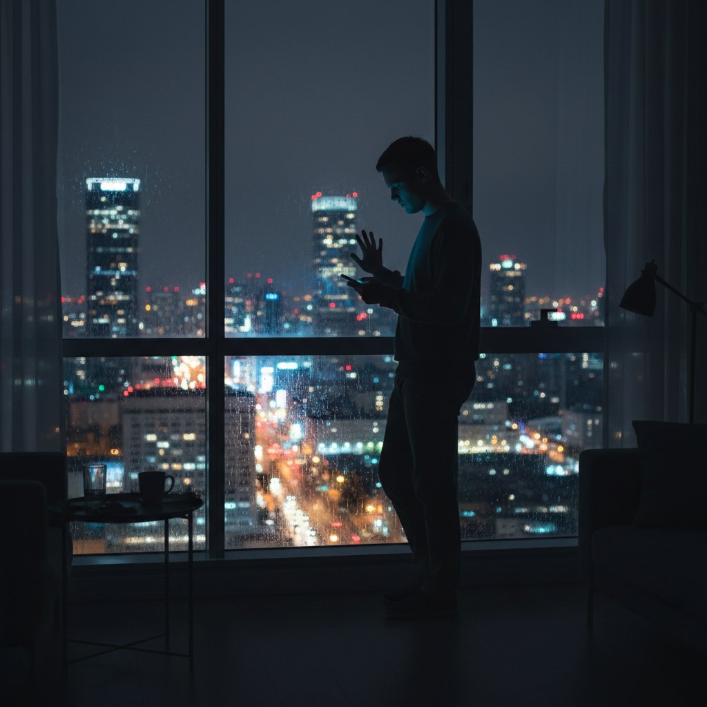 Osoba samotnie siedząca przy oknie w mieście nocą, światła miasta w tle, wyraziste cienie