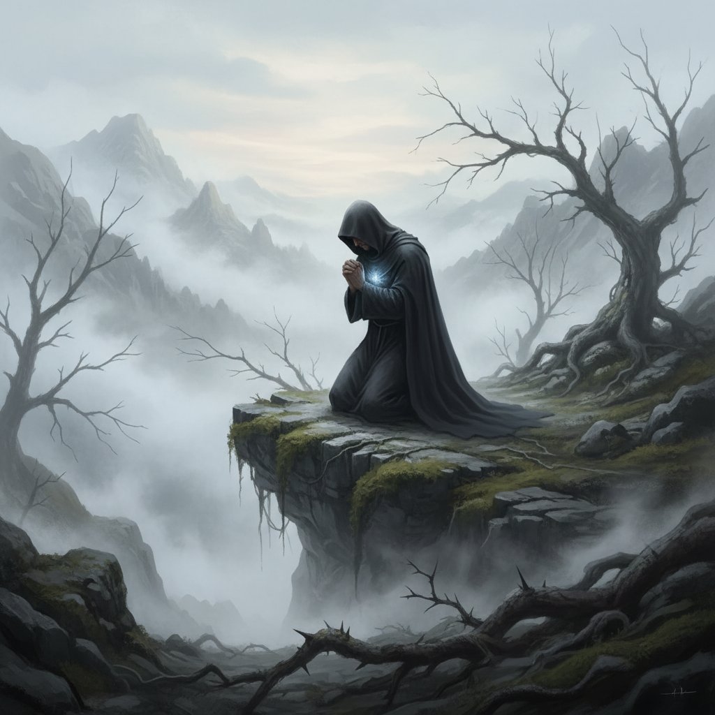 Solitary priest in misty landscape, symbolizing spiritual struggle