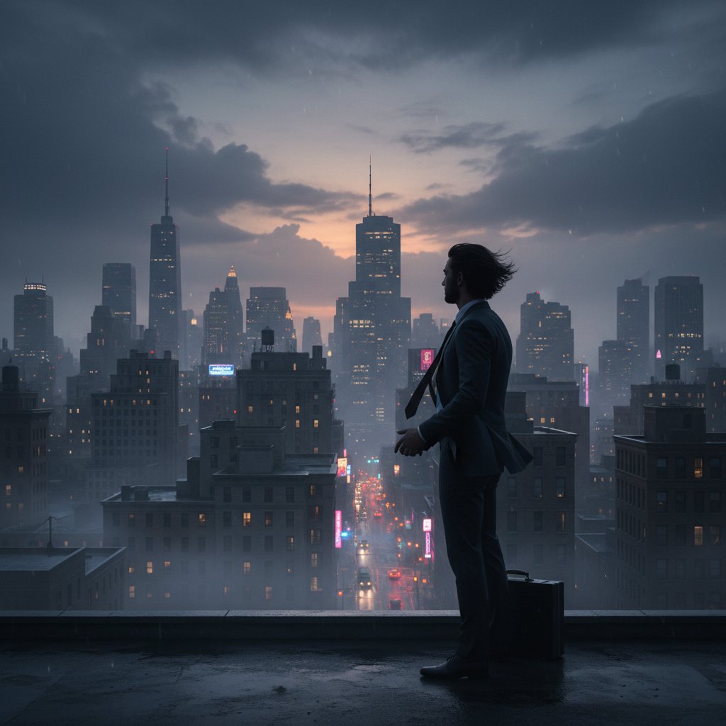 Samotny pracownik na dachu biurowca o zmierzchu, miasto w tle – symbol wypalenia zawodowego