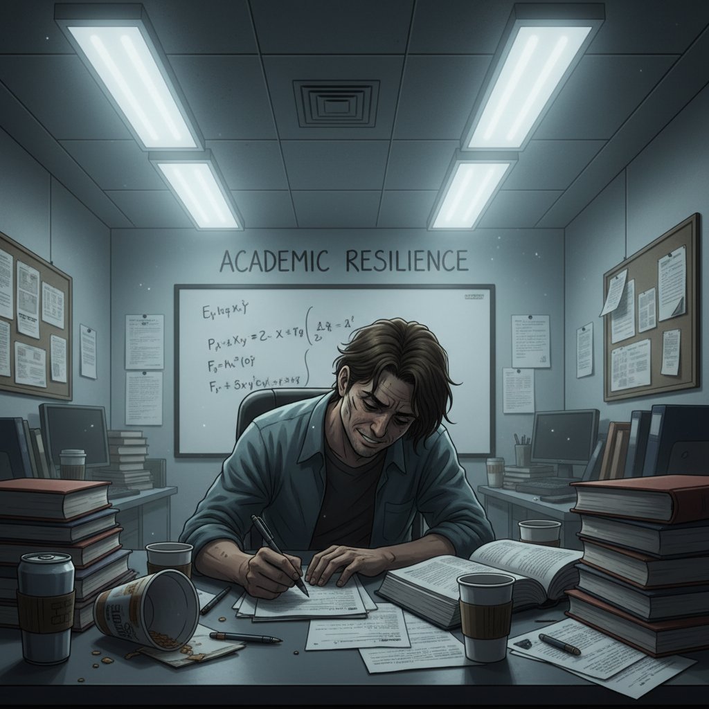 Solitary researcher under harsh lights, exhaustion and resilience in academic research assistant career growth