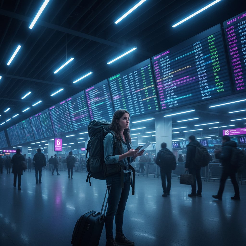 Samotny podróżnik patrzący na tablicę odlotów na lotnisku, światło neonów, atmosfera napięcia, słowa kluczowe: bilety lotnicze, presja, emocje