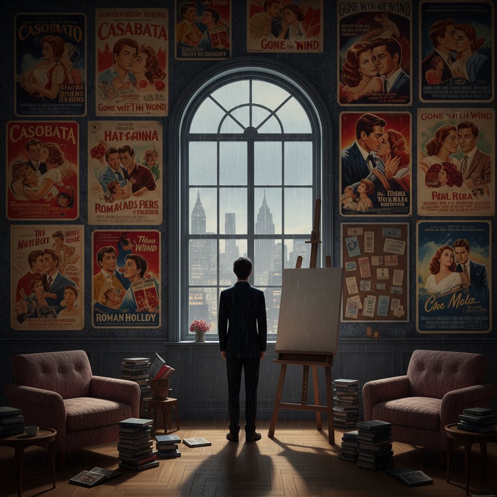 Person alone in a room of romantic movie posters, contemplating the impact of romance movies