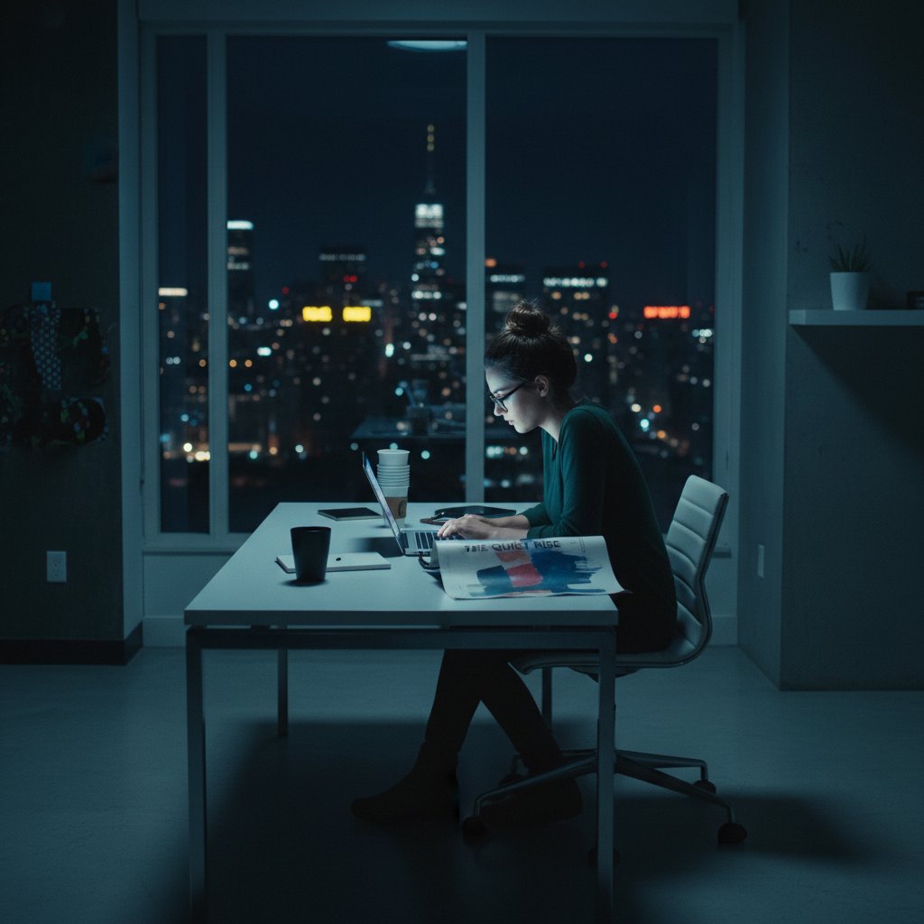 Indie photo of a solitary worker at night in a minimalist office, deep in thought, representing overlooked corporate movies