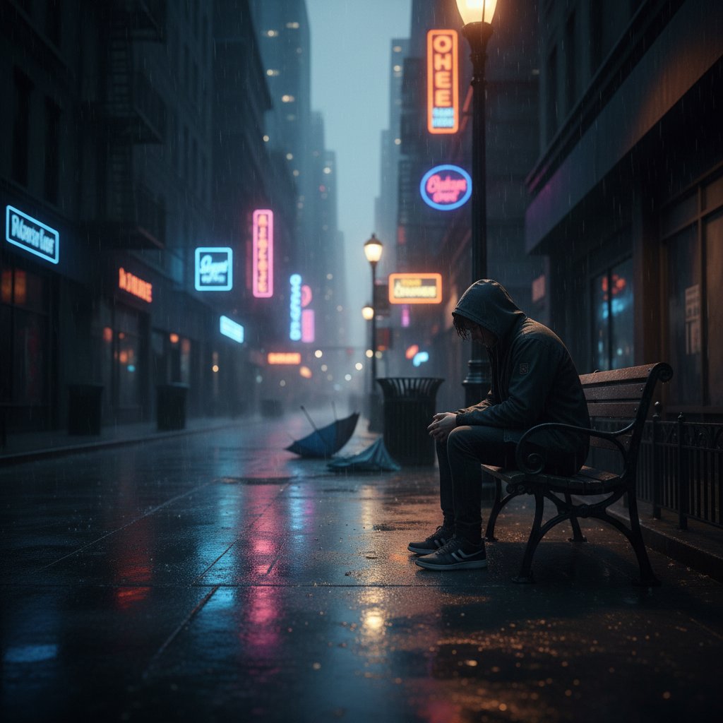 Samotna osoba na ławce w mieście, uliczne światła o świcie, deszcz, zaburzenie przystosowania w miejskim kontekście