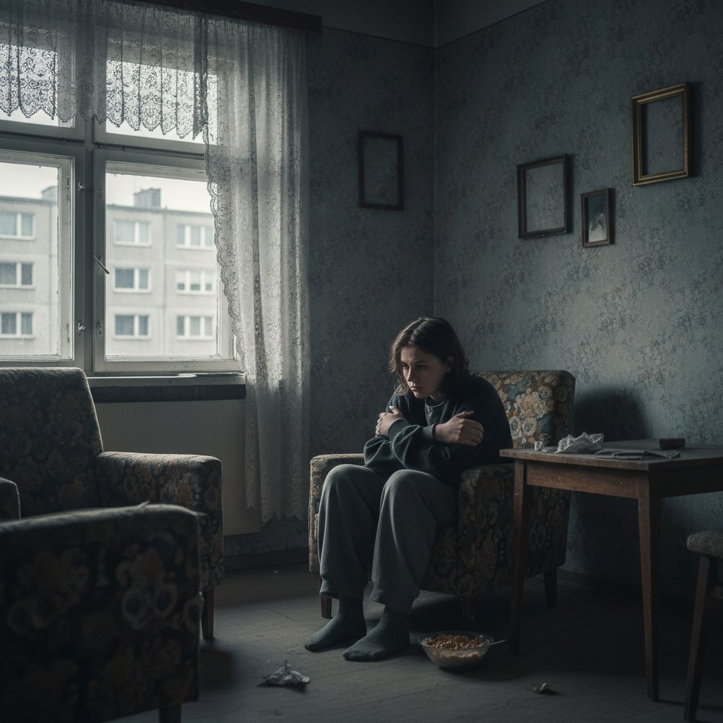 Osamotniona osoba na łóżku, poranek, smutne światło, zaniedbanie emocjonalne w polskim domu