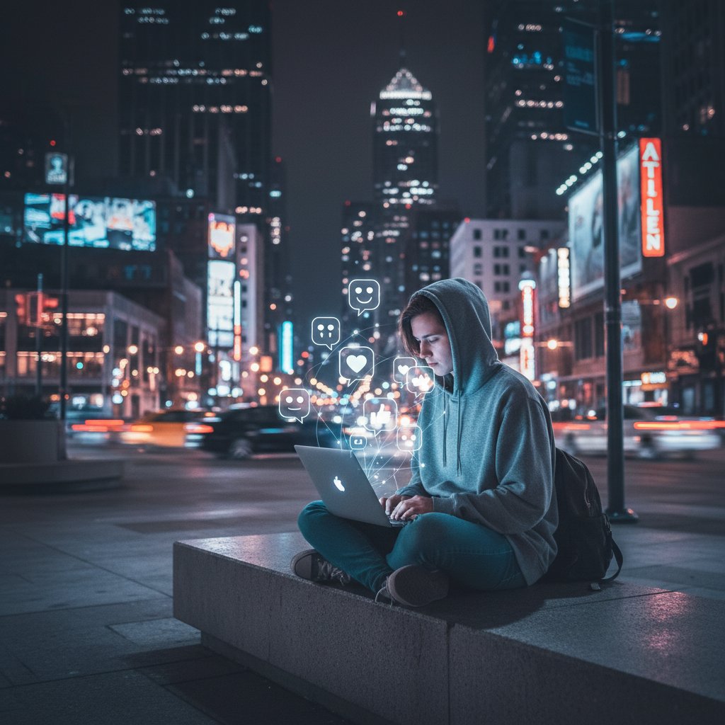 Młoda osoba przy laptopie w ciemnym pokoju, otoczona cyfrowymi dymkami rozmów, ukazująca samotność i ciekawość, rozmowy online dla znudzonych