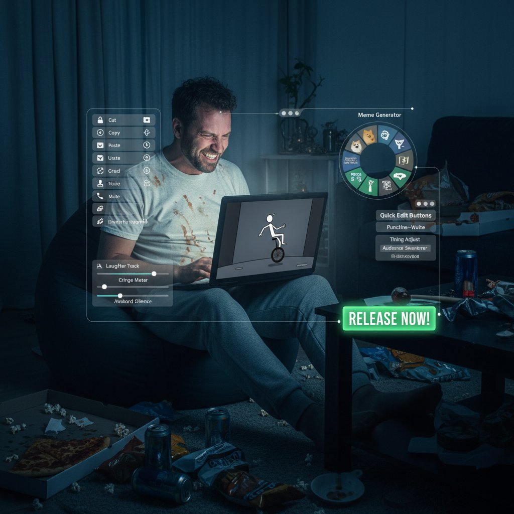 Person relaxing alone, watching comedy on laptop with shortcut tools visible