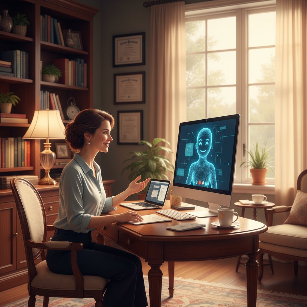 A solo financial advisor video-chatting with a virtual assistant late at night in a cozy home office, AI chatbot for financial advisors