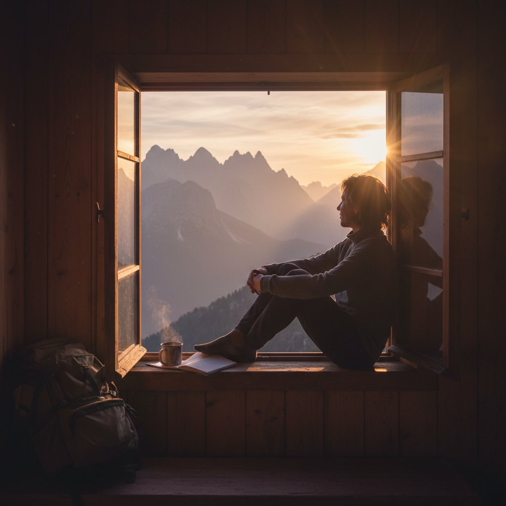 Podróżnik samotnie w schronisku w Bieszczadach o świcie, klimat gór, noclegi w Polsce