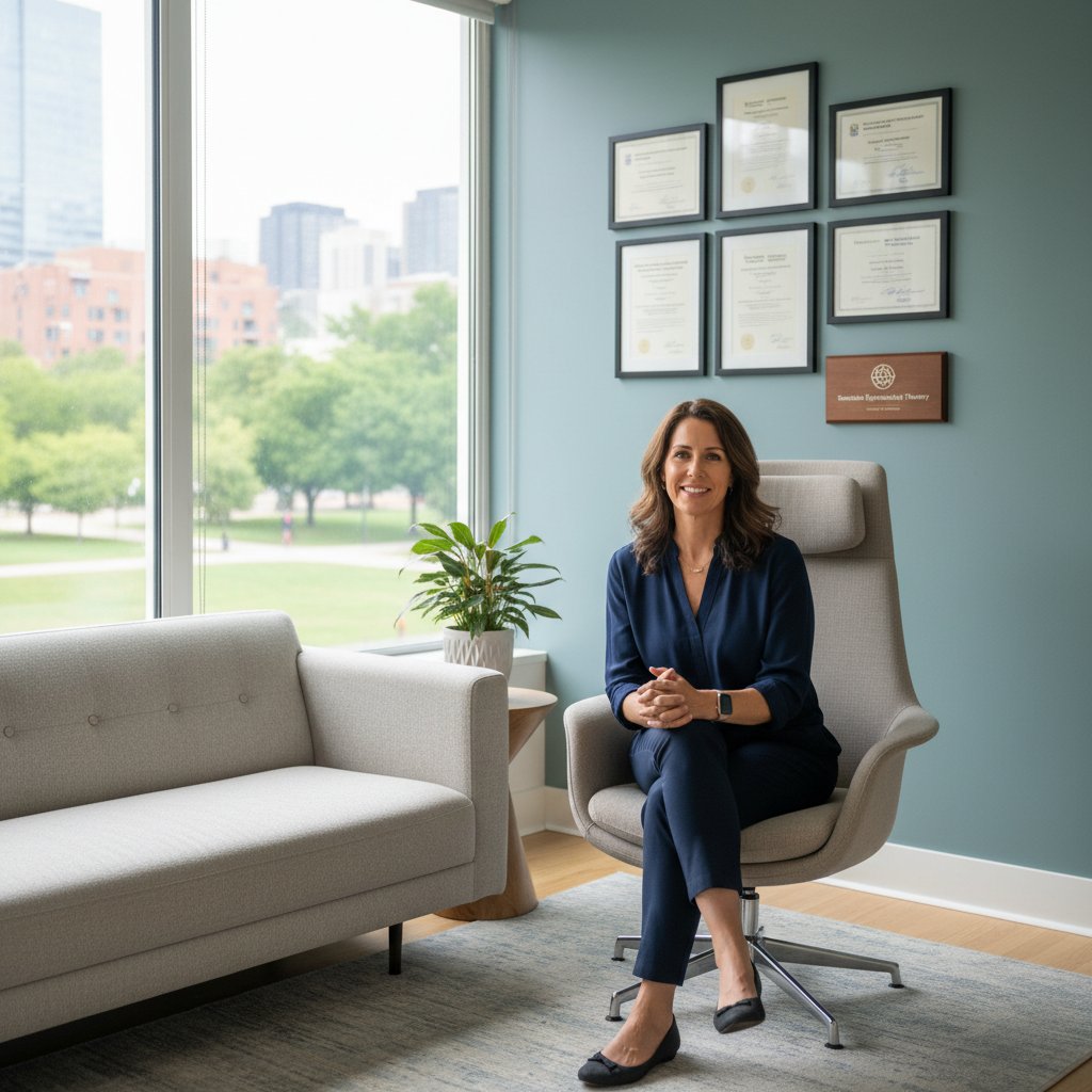 Praktyk SE prowadzi sesję z klientem w nowoczesnym gabinecie, w tle widoczne certyfikaty