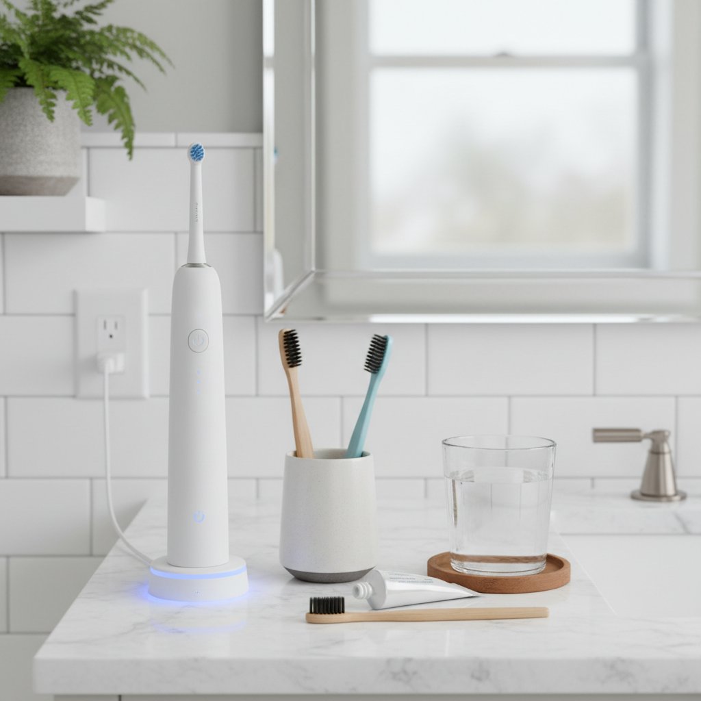 Zdjęcie szczoteczki sonicznej i manualnej na tle łazienki