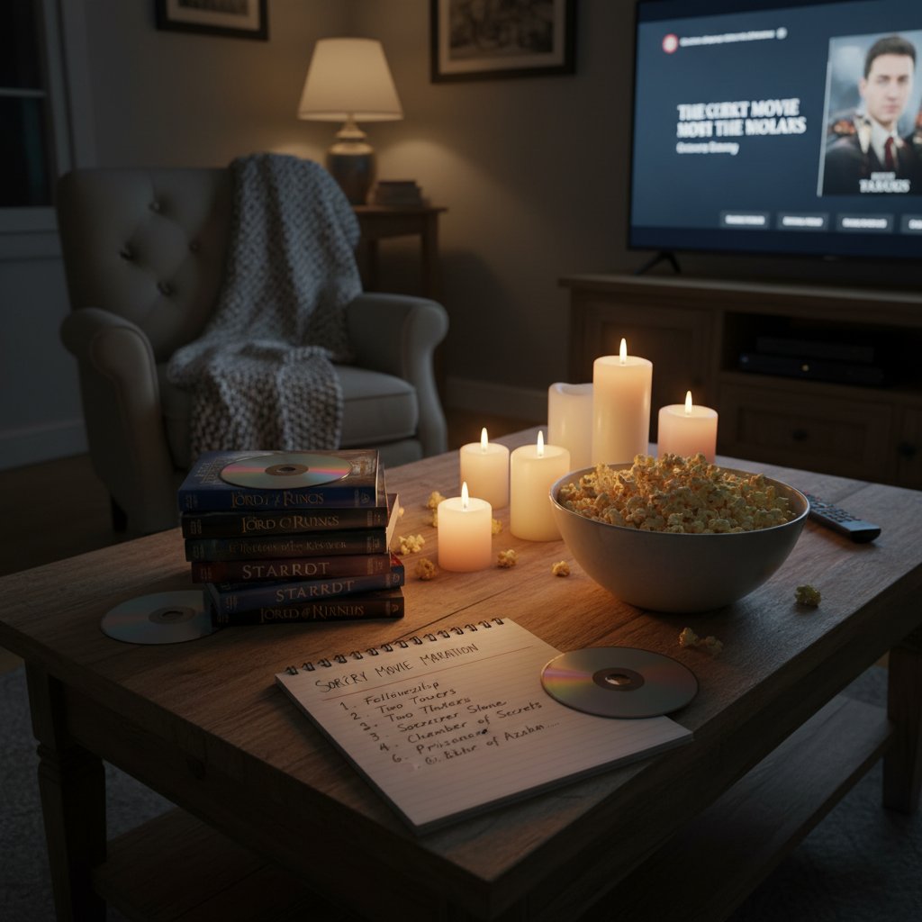 A table scattered with classic and obscure sorcery DVDs, a handwritten watchlist, popcorn, and candles for the ultimate movie marathon