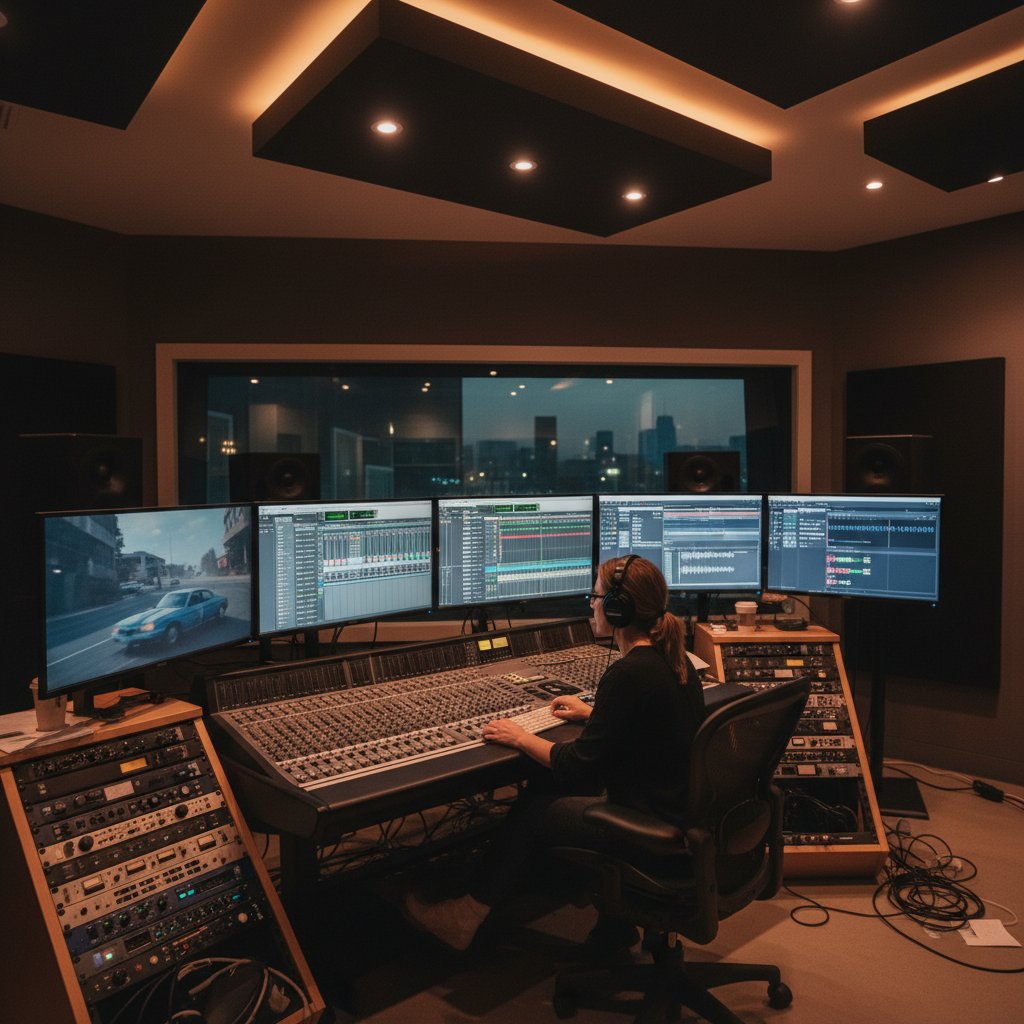 Sound designer adjusting levels in dark studio, making of movies post-production