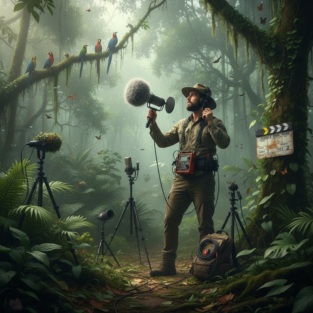 Photo of a sound engineer recording wildlife in a real jungle for a movie soundtrack