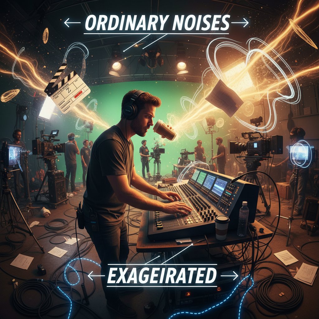 Sound mixer at work on a film set, ordinary noises exaggerated for comedic effect, comedy filmmaking behind the scenes