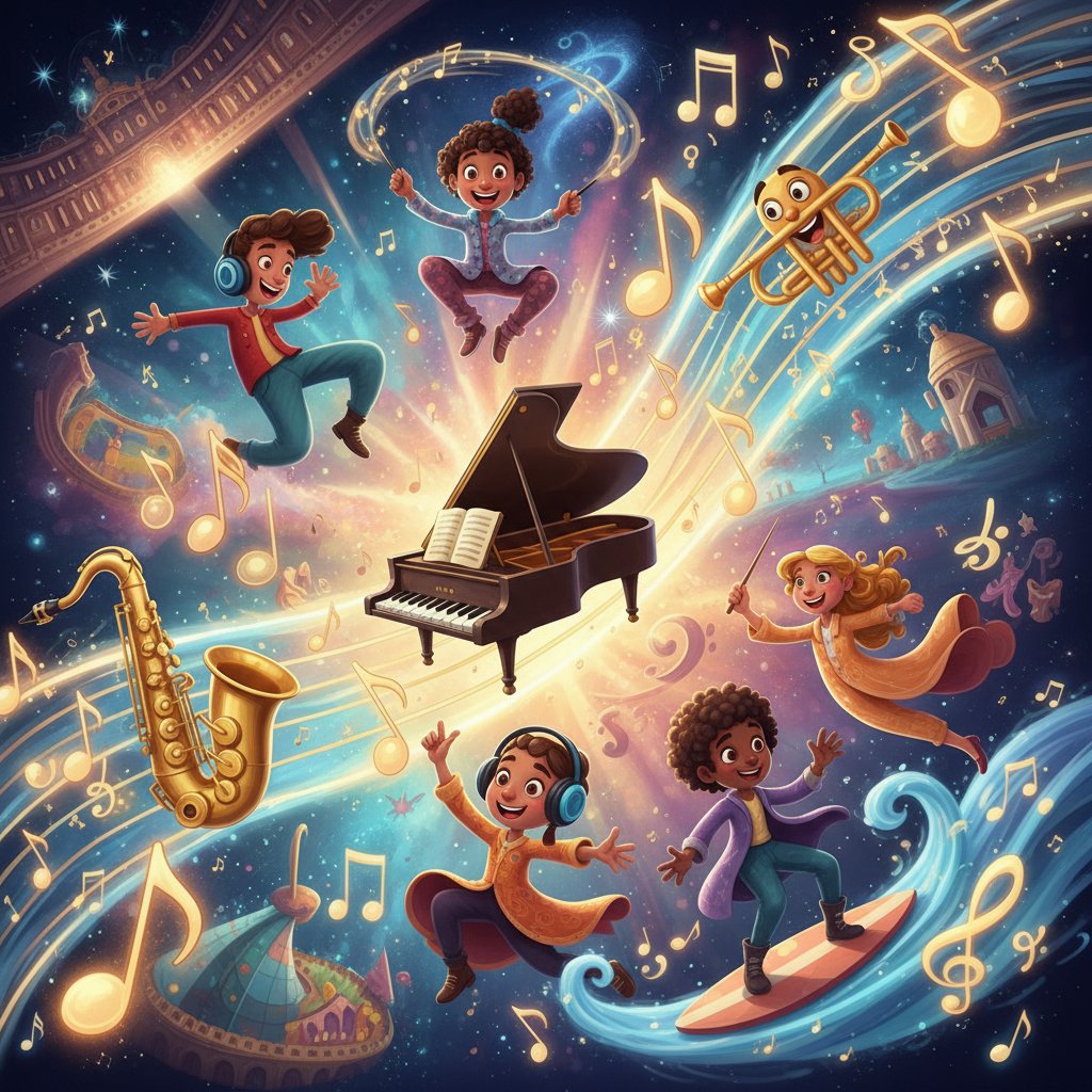 Stylized sound waves and musical notes flowing with animated characters in lively motion