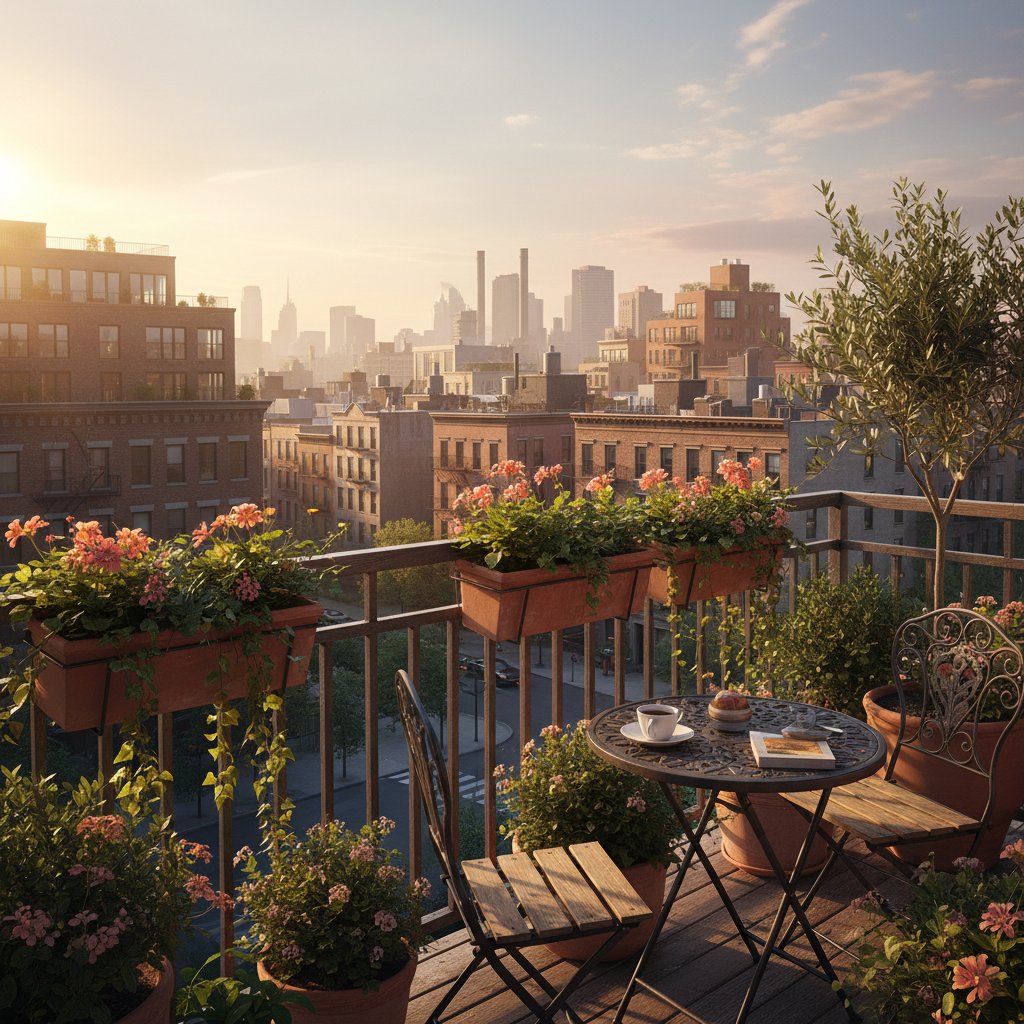 Balkon południowy z intensywnym słońcem i cieńmi budynków wokół