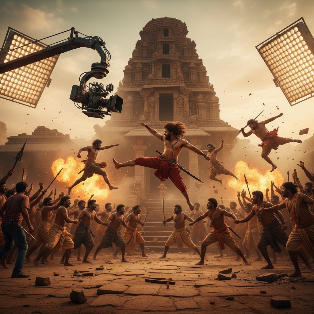 Dramatic action-packed scene from a South Indian film set, energetic mood