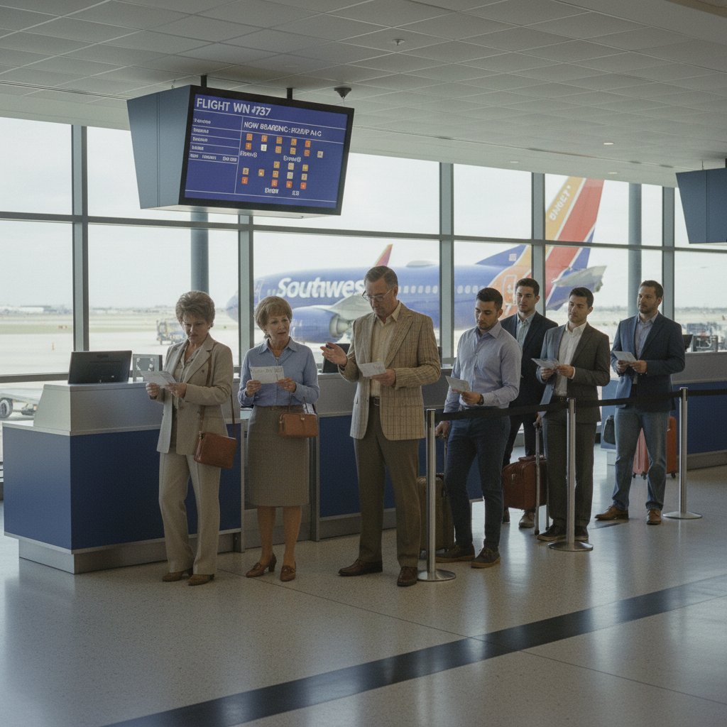 Split-frame photo: nostalgic Southwest boarding scene pre-2025 vs. modern, orderly assigned seating, muted editorial tones