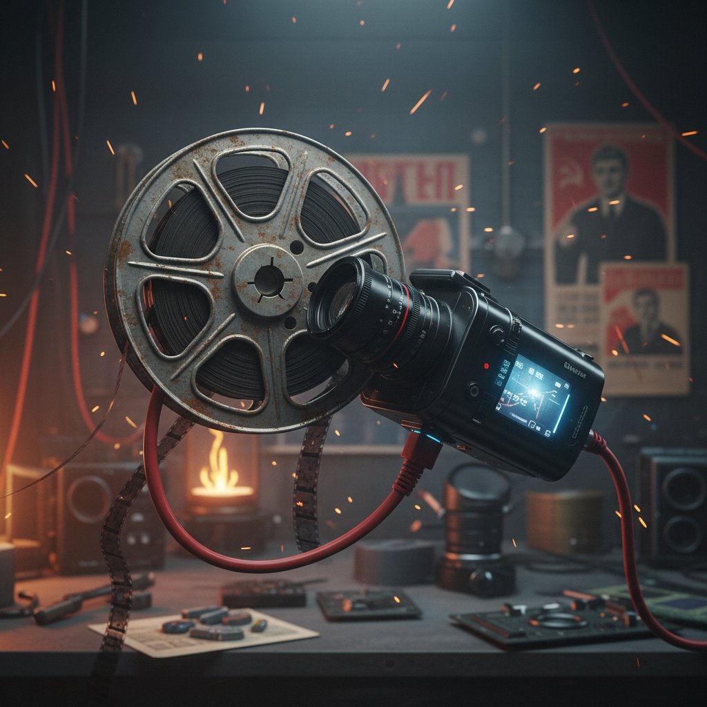 Juxtaposition of old Soviet film reel with modern digital camera, symbolizing tension in Russian cinema