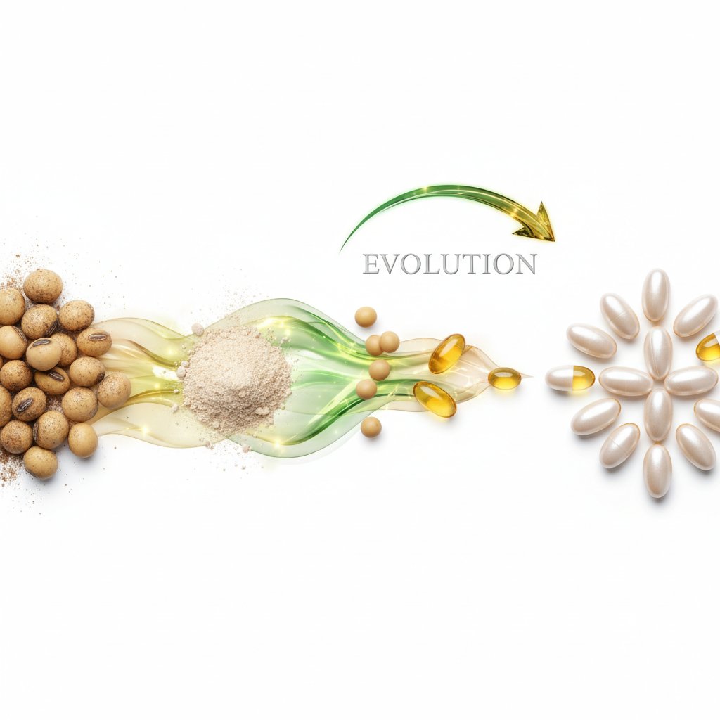 Zbliżenie na kapsułki i ziarna soi na białym tle – symbol ewolucji fosfatydyloseryny