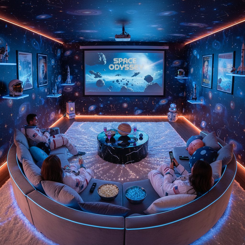 DIY space-themed living room for group movie marathon