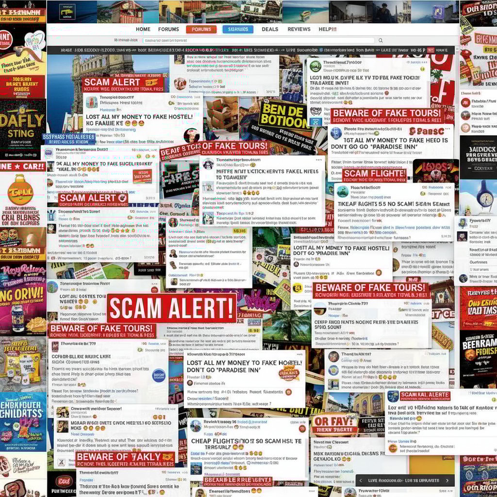 Collage of spammy travel forum posts, scam warnings, chaotic online travel advice scene